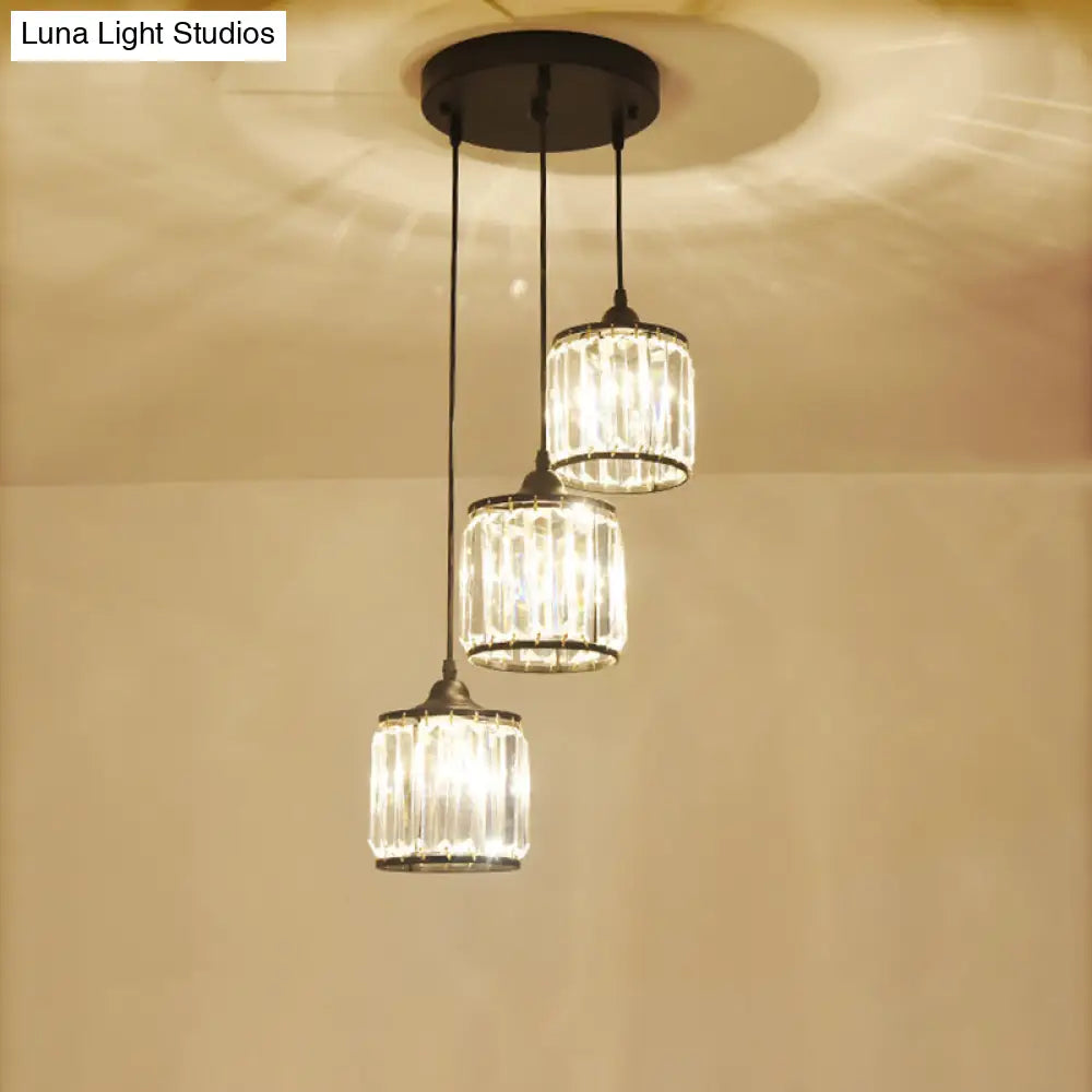 Black Rustic Drum Shade Crystal Pendant - Multi Light Down Lighting For Dining Room