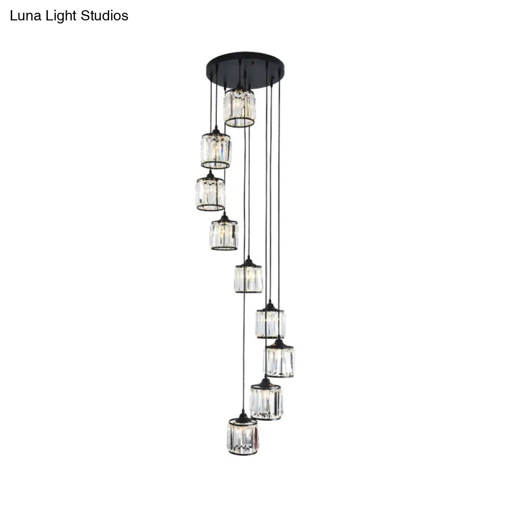 Black Rustic Drum Shade Crystal Pendant - Multi Light Down Lighting For Dining Room