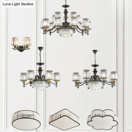 Black Tapered Chandelier With Clear Crystal Shade - Simple Drop Lamp For Elegant Lighting