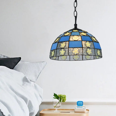 Black Tiffany-Style Glass Star Pendant Light - 12’/16’ Wide 1-Light Fixture Blue / 12’