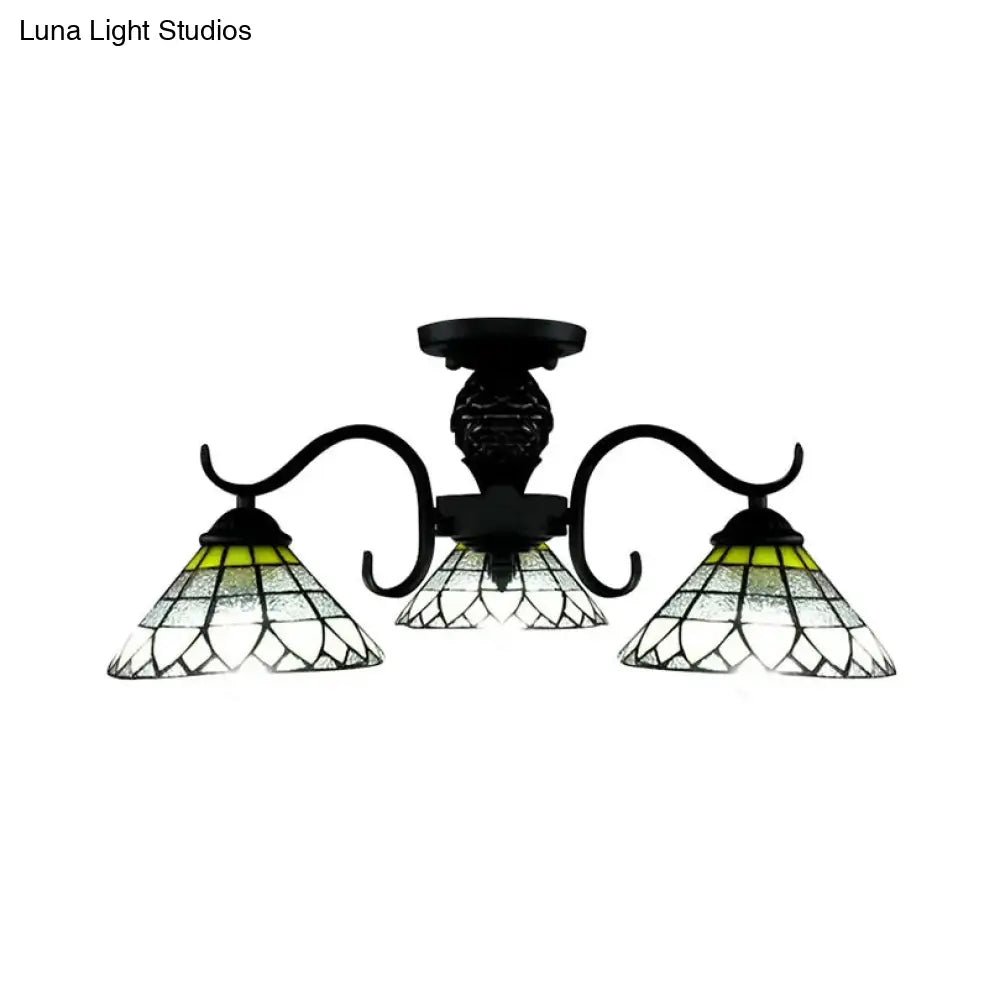 Black Tiffany Style Stained Glass Ceiling Light - 3-Light Flush Mount For Bedroom