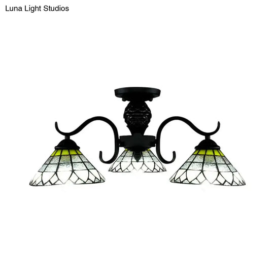 Black Tiffany Style Stained Glass Ceiling Light - 3-Light Flush Mount For Bedroom