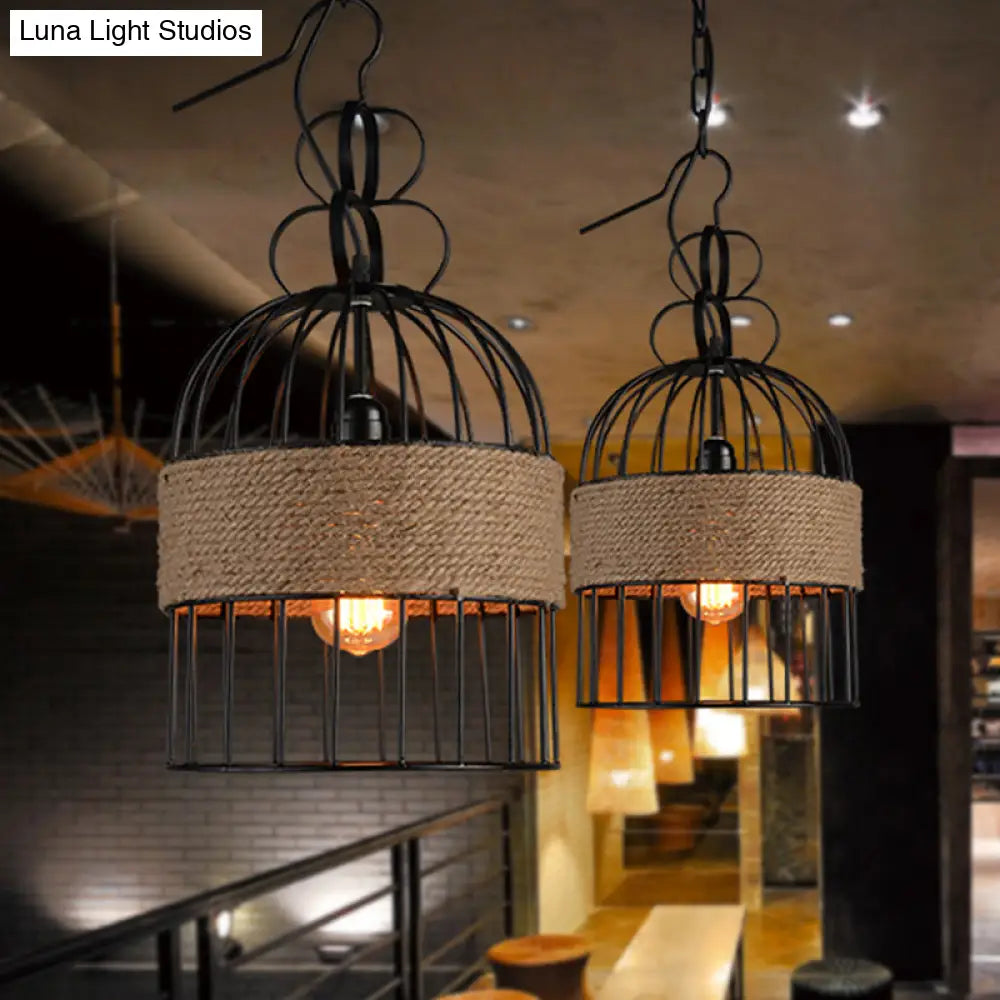 Black Vintage Birdcage Pendant Lamp With Hemp Rope