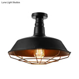 Black Vintage Metal Cage Ceiling Light Semi Flush Mount Indoor 1-Head Lighting With Barn Shade -