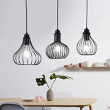 Black Vintage Onion Caged Pendant Light Fixture With 3 Bulbs - Metal Hanging For Restaurants
