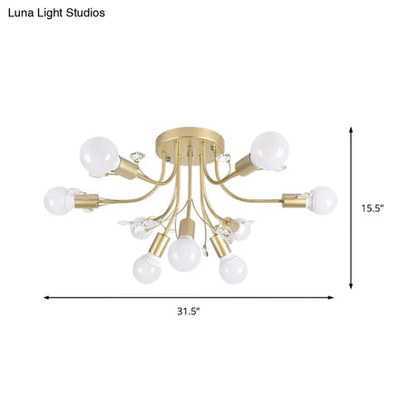 Black/White/Gold Metal Curved Arms Semi Flush Mount Light - Nordic Style 6/9 Lights Bedroom Ceiling