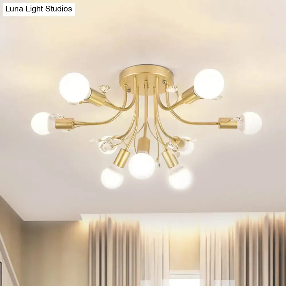 Black/White/Gold Metal Curved Arms Semi Flush Mount Light - Nordic Style 6/9 Lights Bedroom Ceiling