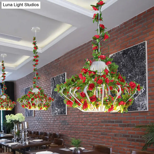 Black/White Metal Cage Hanging Lamp - Antique Style Led Pendant With Flower Decor For Restaurants