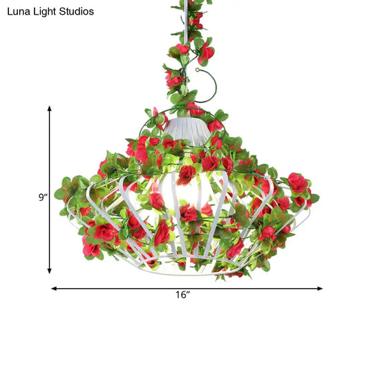 Black/White Metal Cage Hanging Lamp - Antique Style Led Pendant With Flower Decor For Restaurants