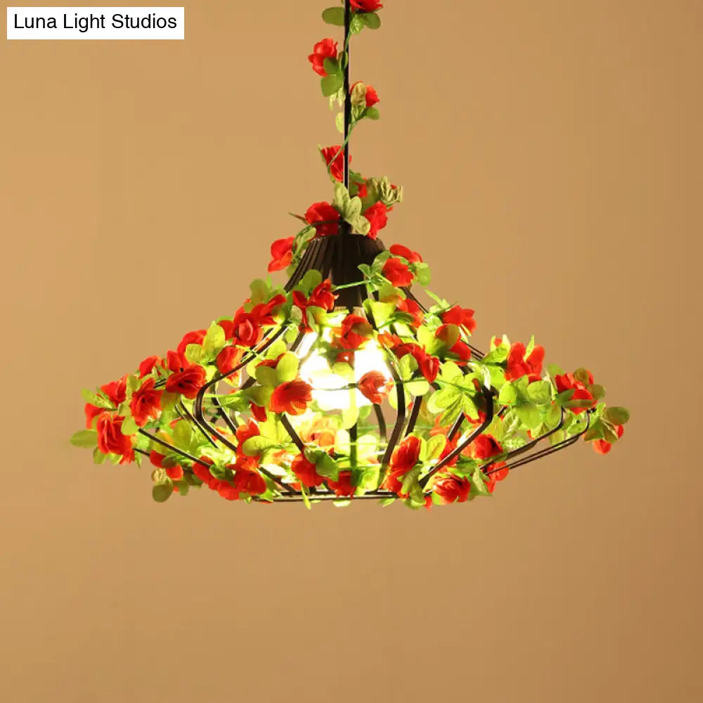 Black/White Metal Cage Hanging Lamp - Antique Style Led Pendant With Flower Decor For Restaurants