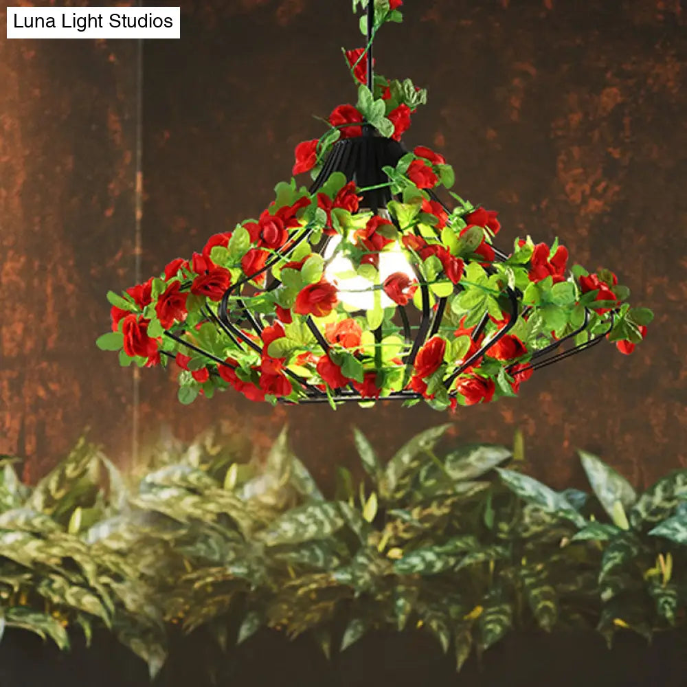 Black/White Metal Cage Hanging Lamp - Antique Style Led Pendant With Flower Decor For Restaurants