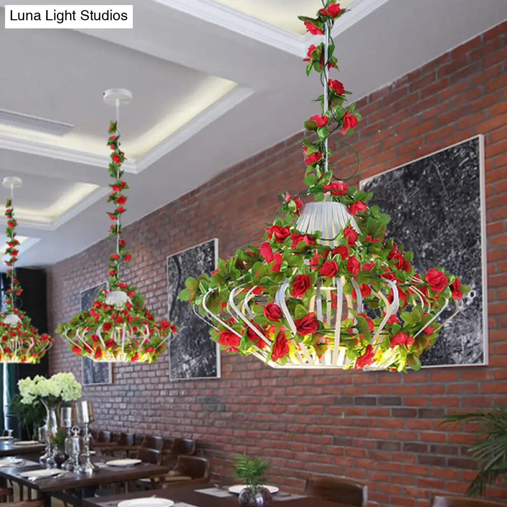 Antique Black/White Metal Cage Hanging Lamp With Flower Decor - Led Suspension Pendant For