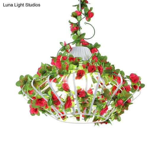 Antique Black/White Metal Cage Hanging Lamp With Flower Decor - Led Suspension Pendant For