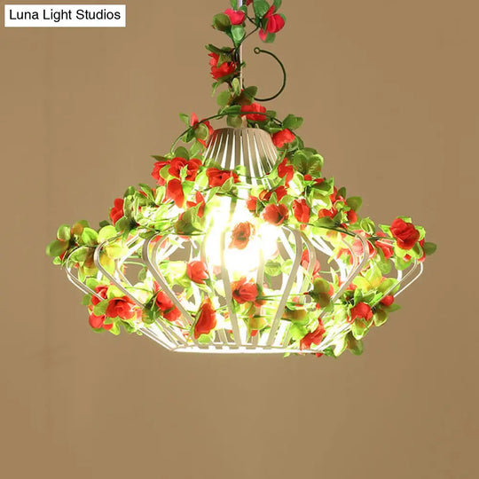 Black/White Metal Cage Hanging Lamp - Antique Style Led Pendant With Flower Decor For Restaurants