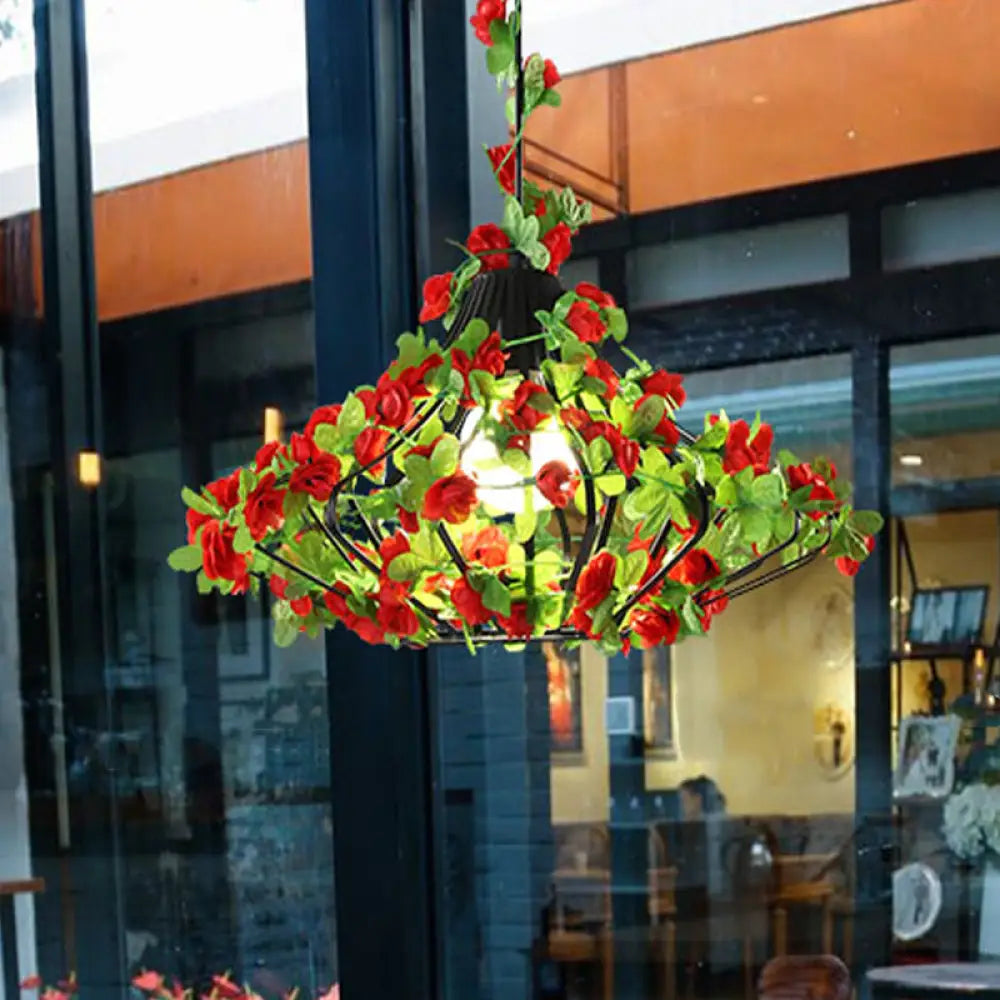 Black/White Metal Cage Hanging Lamp - Antique Style Led Pendant With Flower Decor For Restaurants