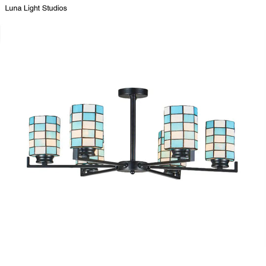 Black/White Stained Glass Semi Mount Cylinder Ceiling Light - 3/6/8 Lights Baroque Style