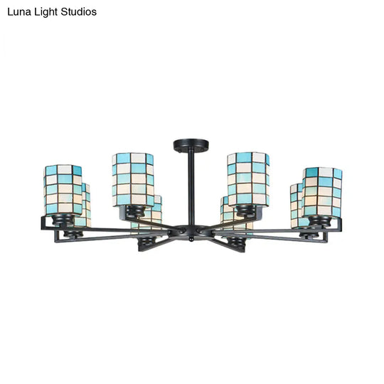 Black/White Stained Glass Semi Mount Cylinder Ceiling Light - 3/6/8 Lights Baroque Style