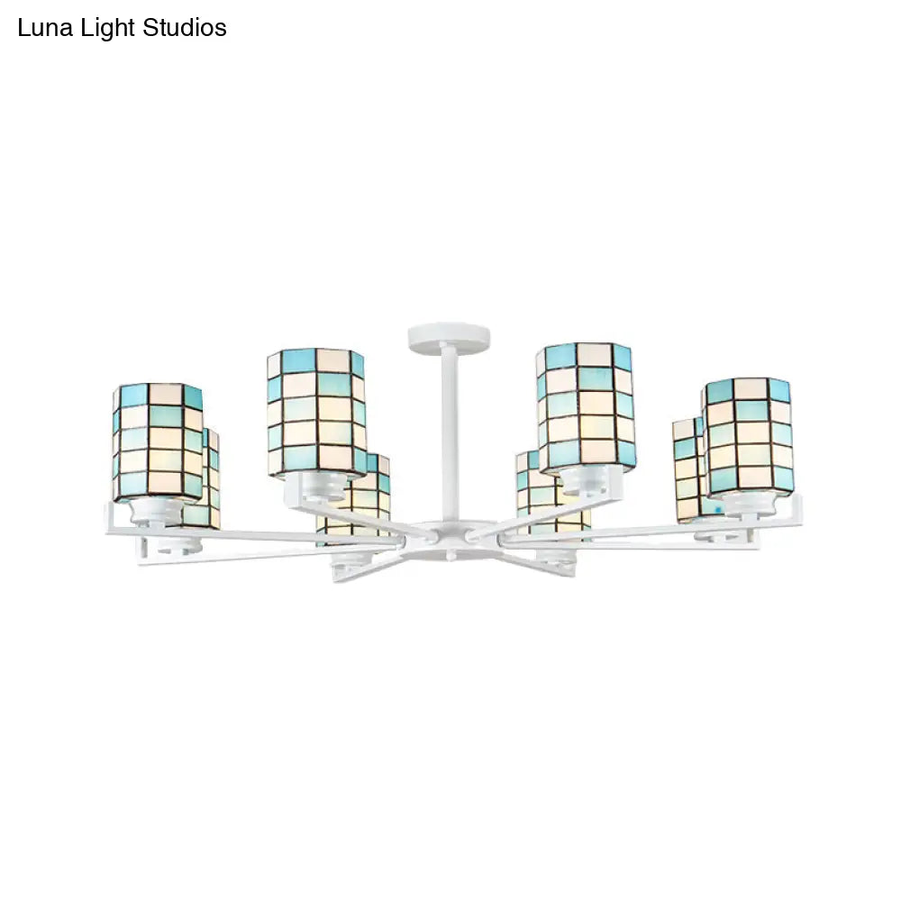 Black/White Stained Glass Semi Mount Cylinder Ceiling Light - 3/6/8 Lights Baroque Style 8 / White