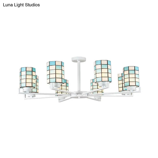 Black/White Stained Glass Semi Mount Cylinder Ceiling Light - 3/6/8 Lights Baroque Style 8 / White