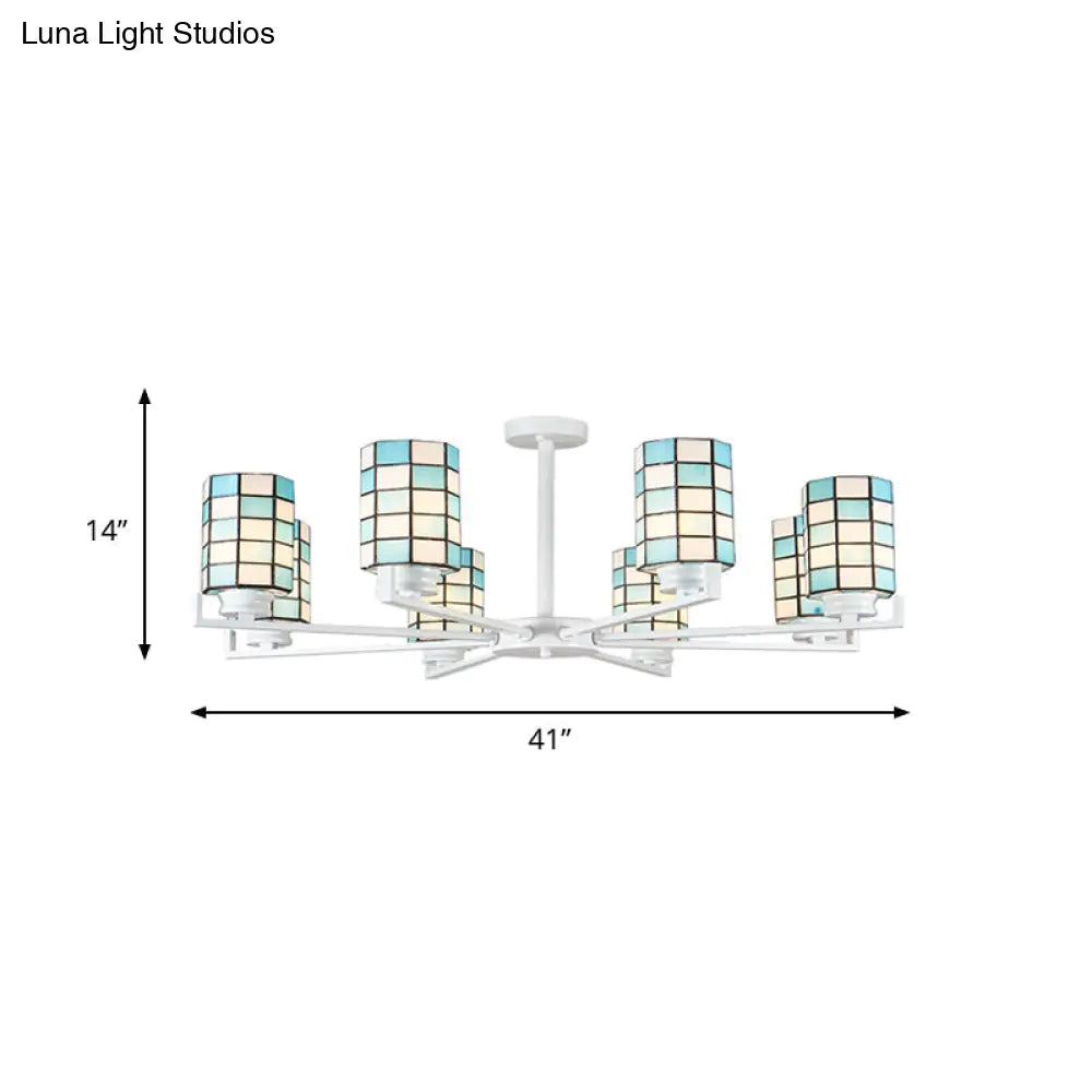 Black/White Stained Glass Semi Mount Cylinder Ceiling Light - 3/6/8 Lights Baroque Style