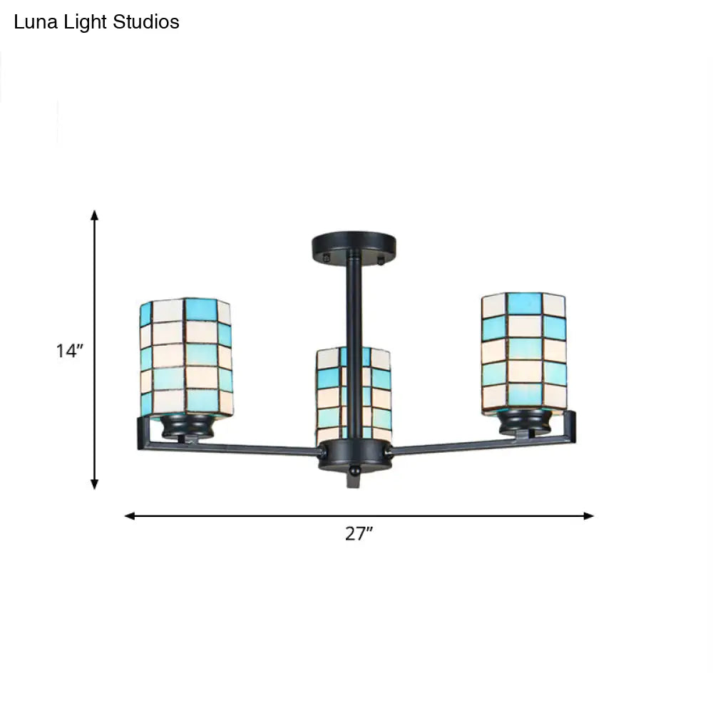 Black/White Stained Glass Semi Mount Cylinder Ceiling Light - 3/6/8 Lights Baroque Style