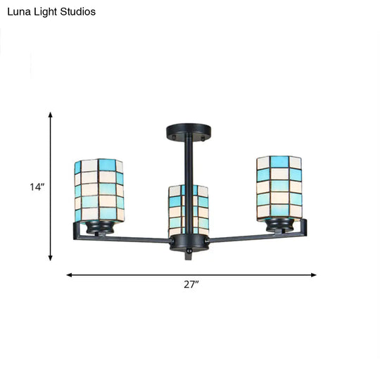 Black/White Stained Glass Semi Mount Cylinder Ceiling Light - 3/6/8 Lights Baroque Style