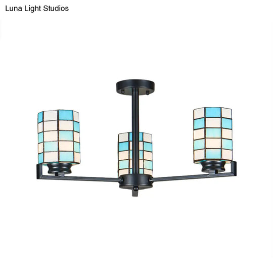 Black/White Stained Glass Semi Mount Cylinder Ceiling Light - 3/6/8 Lights Baroque Style 3 / Black