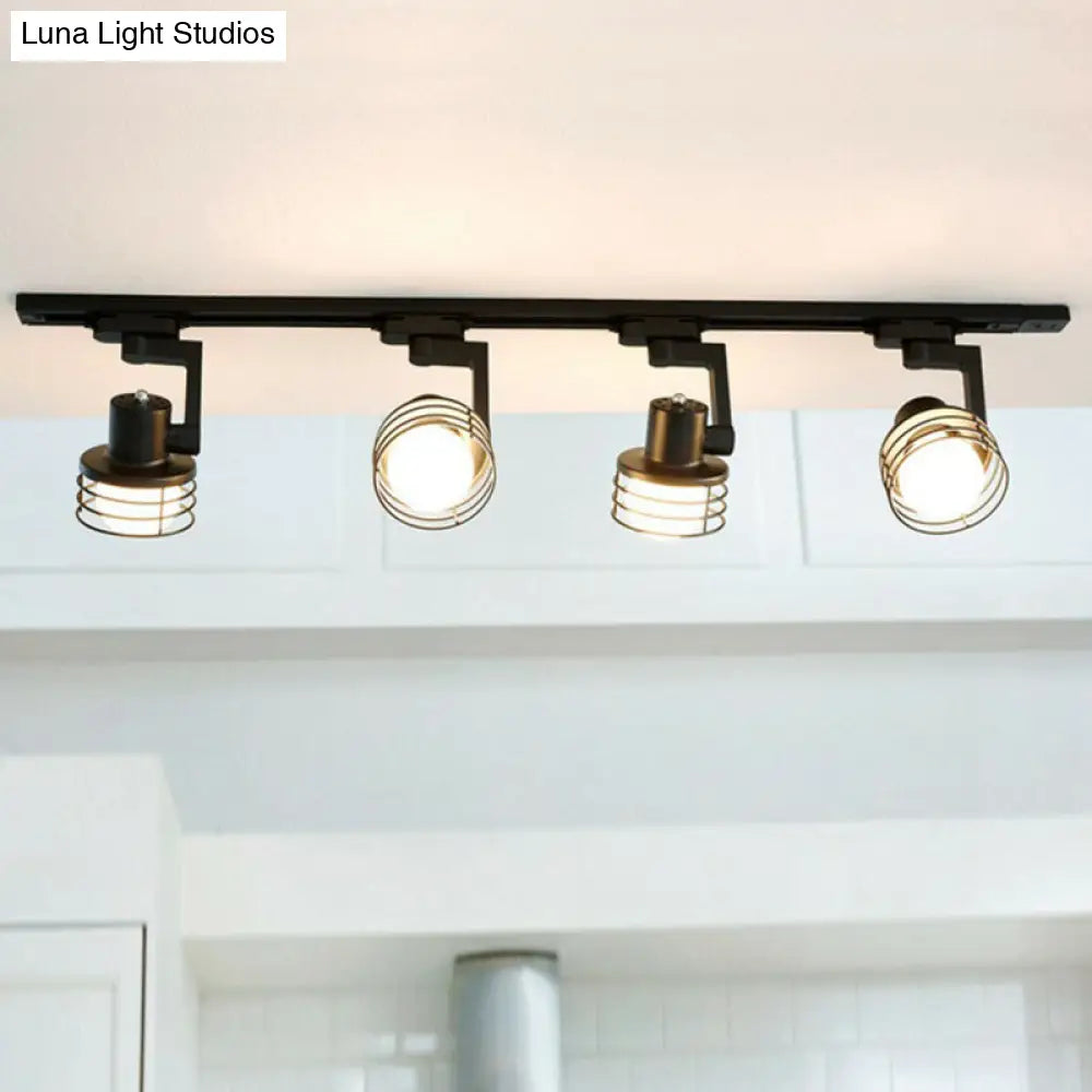 Black Wire Cage Semi Flush Mount Ceiling Light - Nordic Style 4-Bulb Metal Track Lamp For Dining