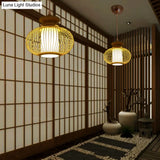 Black/Wood Bamboo Urn Pendant Light Fixture For Bedroom - 10’/12’ Wide