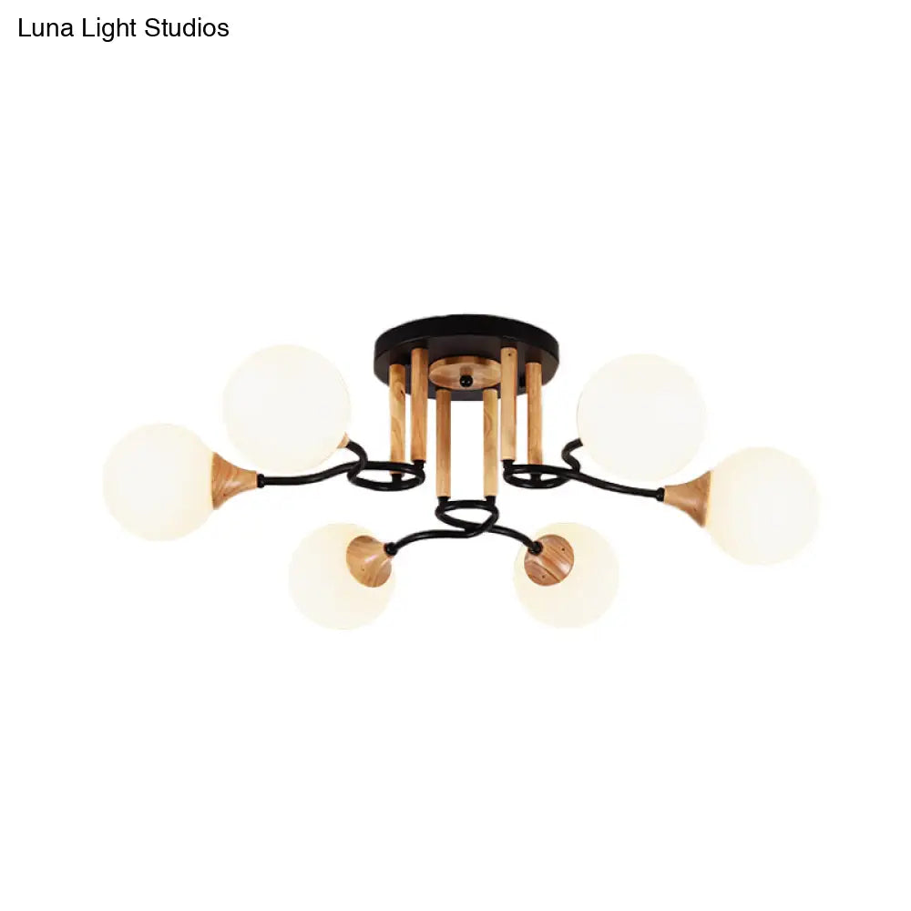 Black & Wood Sphere Semi Flush Mount Light - Modern 3/6 Lights Opal Glass Ceiling Lamp