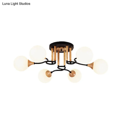 Black & Wood Sphere Semi Flush Mount Light - Modern 3/6 Lights Opal Glass Ceiling Lamp