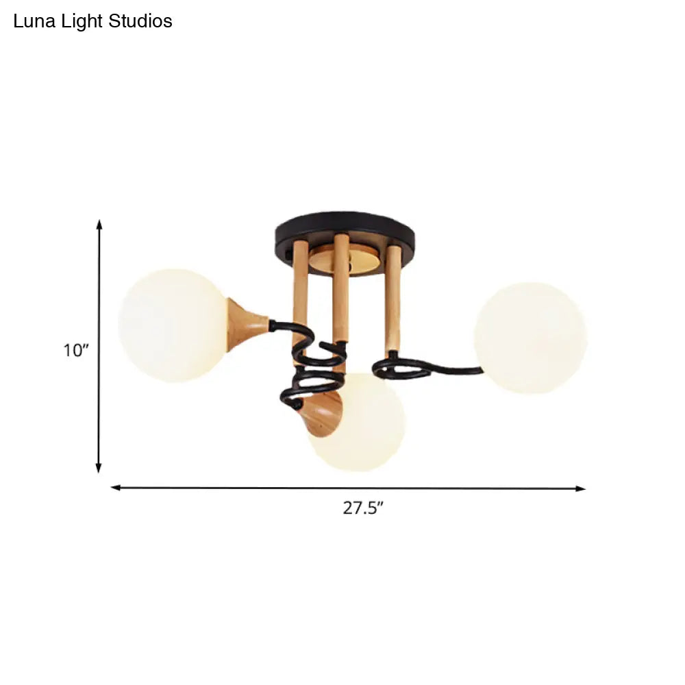 Black & Wood Sphere Semi Flush Mount Light - Modern 3/6 Lights Opal Glass Ceiling Lamp