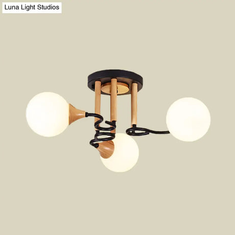 Black & Wood Sphere Semi Flush Mount Light - Modern 3/6 Lights Opal Glass Ceiling Lamp