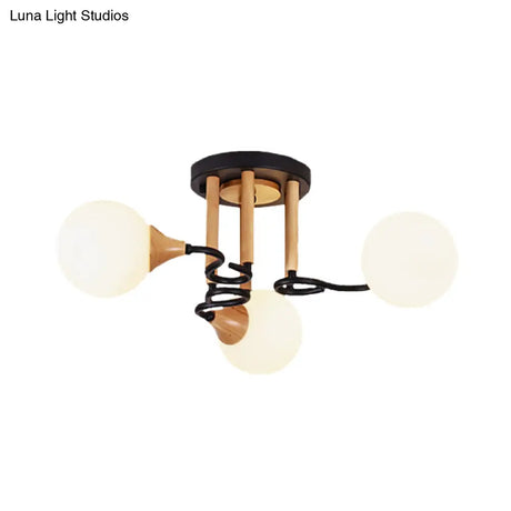 Black & Wood Sphere Semi Flush Mount Light - Modern 3/6 Lights Opal Glass Ceiling Lamp