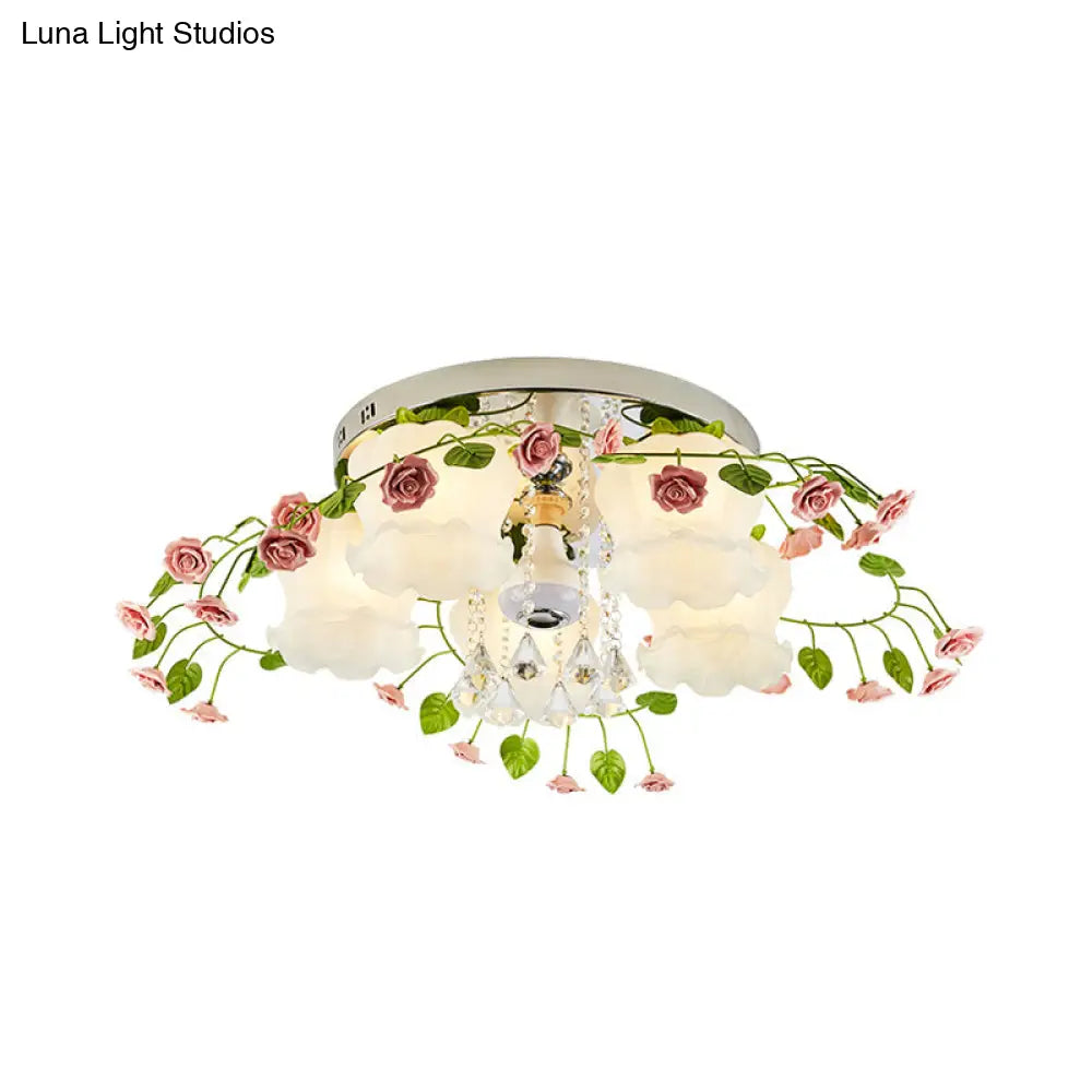Bloom Crystal Flush Mount Ceiling Light With 5 Bulbs And White Glass Shade For Living Room