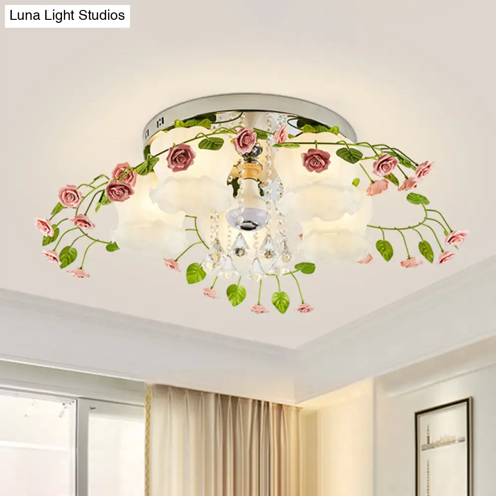 Bloom Crystal Flush Mount Ceiling Light With 5 Bulbs And White Glass Shade For Living Room