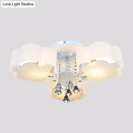 Bloom Glass Flush Mount Lamp With Crystal Draping - Contemporary Design 3/5 Heads White Light