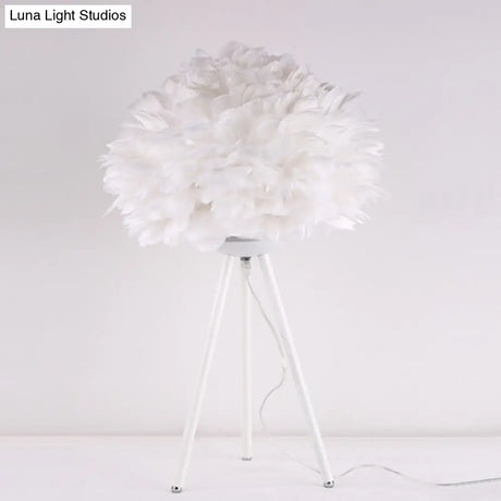 Bloom Nordic Feather Nightstand Lamp - Single White/Pink Table Light With Tripod For Bedroom