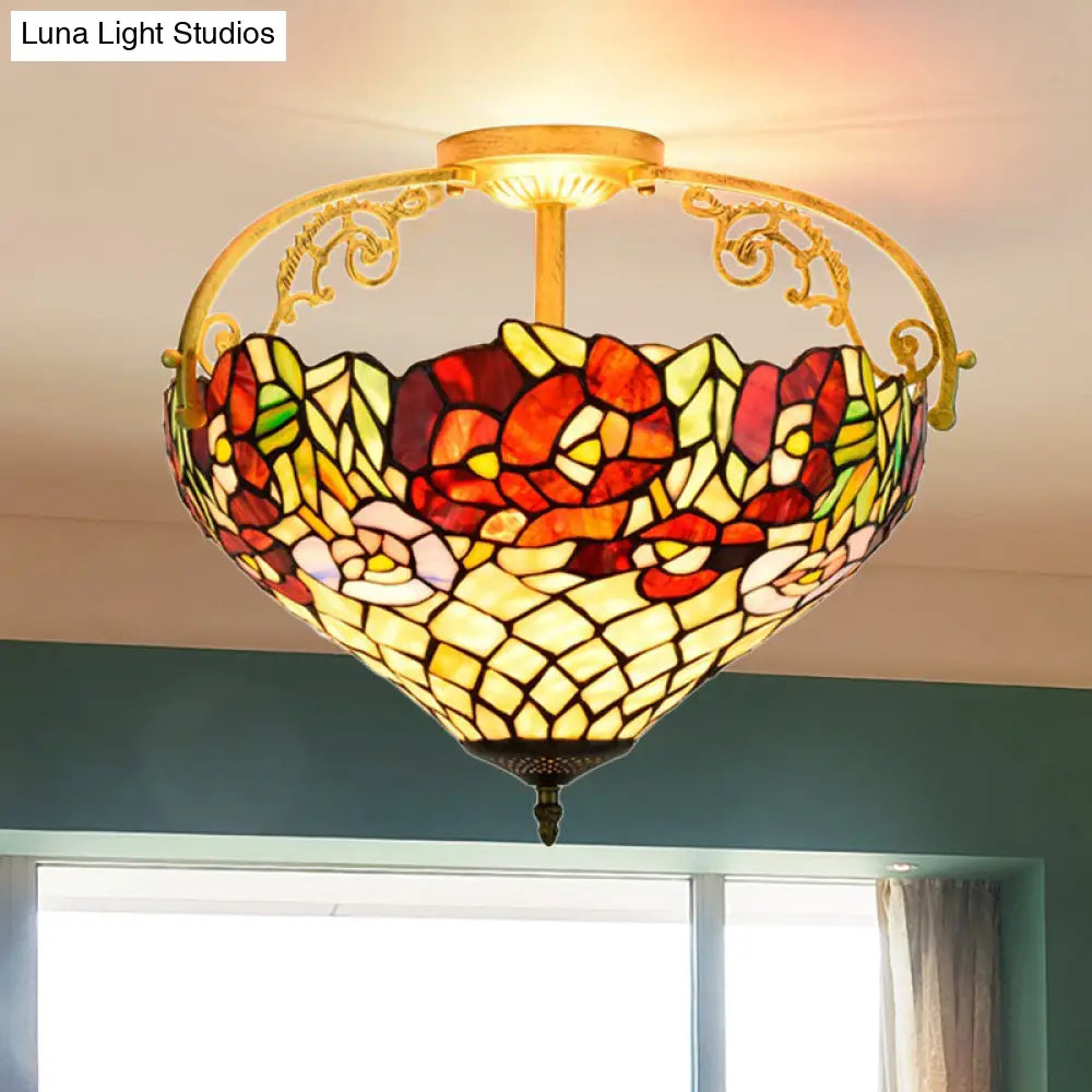 Blossom Stained Glass Semi Flush Ceiling Light Fixture - Tiffany Style 3 Lights Yellow