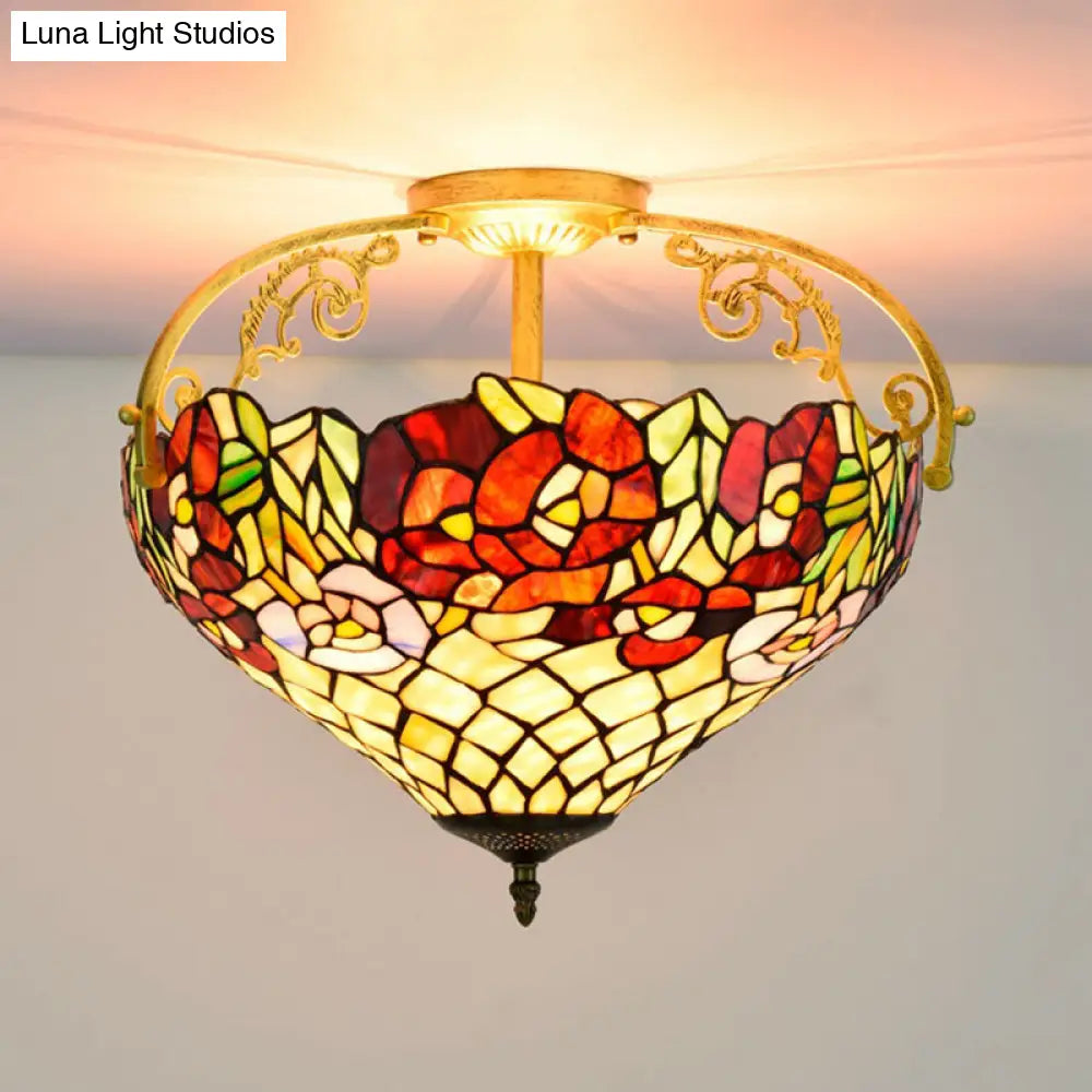 Blossom Stained Glass Semi Flush Ceiling Light Fixture - Tiffany Style 3 Lights Yellow