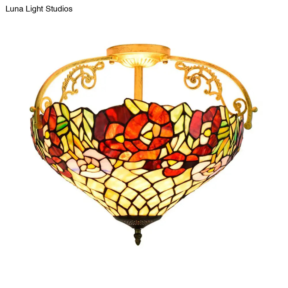 Blossom Stained Glass Semi Flush Ceiling Light Fixture - Tiffany Style 3 Lights Yellow