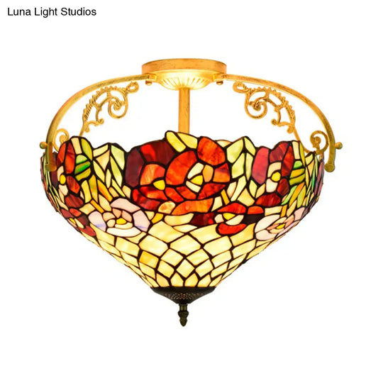 Blossom Stained Glass Semi Flush Ceiling Light Fixture - Tiffany Style 3 Lights Yellow