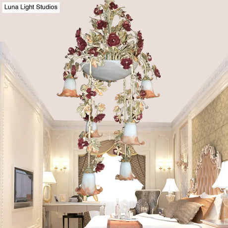 Blossom White Chandelier With 10 Led Bulbs - Elegant Bedroom Lighting In Pink/Red