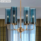 Blue/Amber Glass Cylinder Chandelier - 6/10 Lights In Gold For Modern Living Room