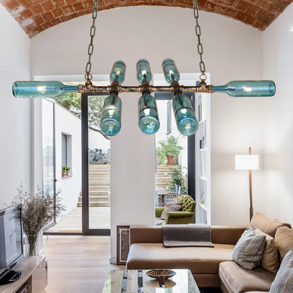 Blue/Amber Vintage Style Glass Bottle Chandelier Pendant Light With Pipe - 8 Heads Ideal For