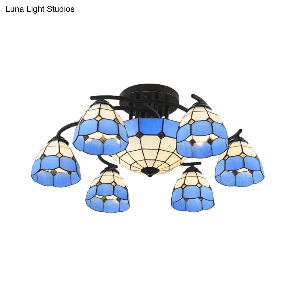 Blue And White Glass Semi - Flush Conical Ceiling Light With 9/11 Lights - Black Lighting Fixture