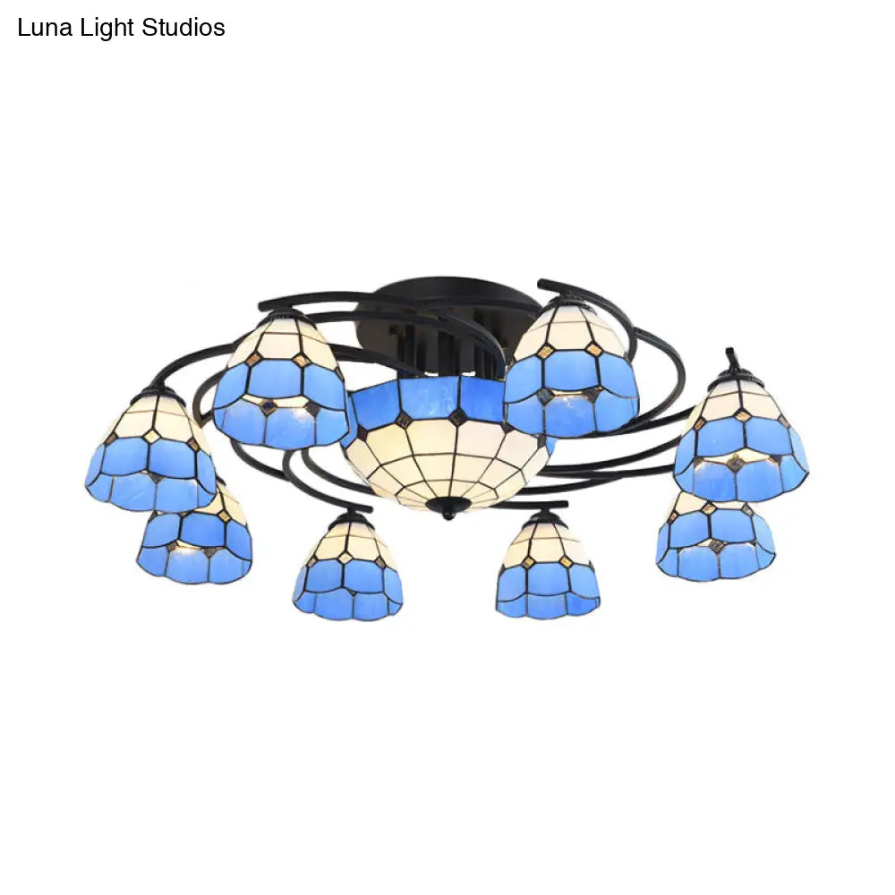 Blue And White Glass Semi-Flush Conical Ceiling Light With 9/11 Lights - Black Lighting Fixture For