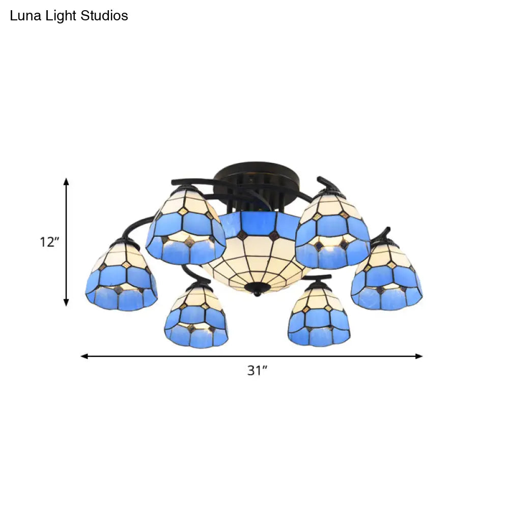 Blue And White Glass Semi - Flush Conical Ceiling Light With 9/11 Lights - Black Lighting Fixture