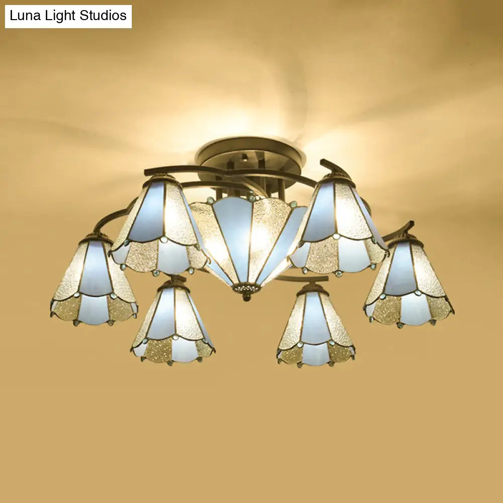Blue And White Glass Semi - Flush Conical Ceiling Light With 9/11 Lights - Black Lighting Fixture