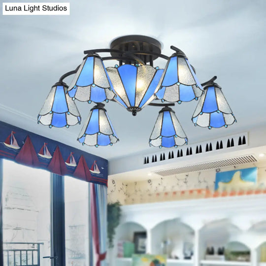 Blue And White Glass Semi - Flush Conical Ceiling Light With 9/11 Lights - Black Lighting Fixture